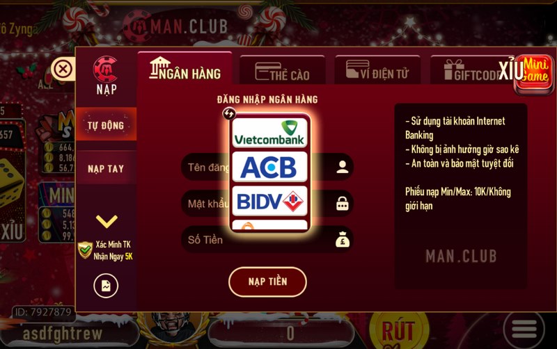 Man Club - Tổng quan về cổng game uy tín nhất Châu Á 8 Nạp tiền thông qua tài khoản ngân hàng tại ManClub