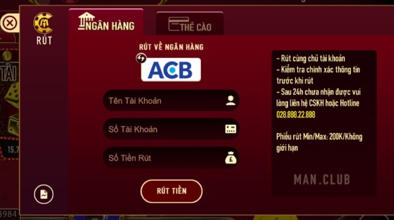 Man Club - Tổng quan về cổng game uy tín nhất Châu Á 9 Rút tiền qua tài khoản ngân hàng tại ManClub