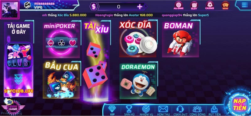 Sky club - Cổng game đẳng cấp dành cho những game thủ đỉnh cao 6 Mini game hấp dẫn, đa dạng