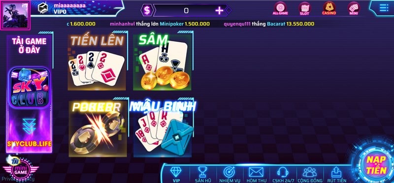 Sky club - Cổng game đẳng cấp dành cho những game thủ đỉnh cao 8 Kho game bài ấn tượng