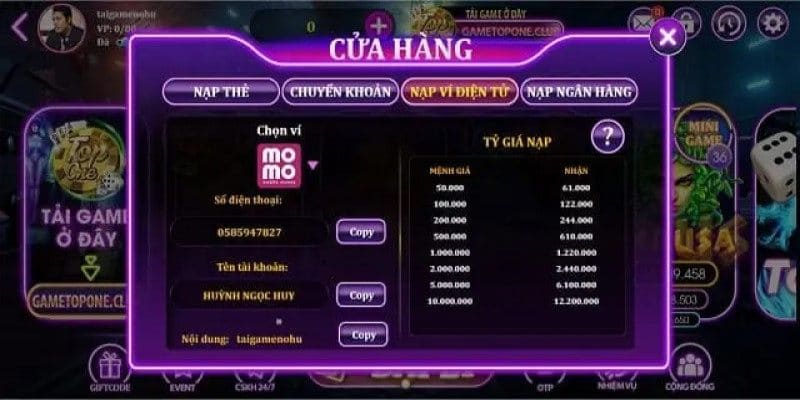 TopOne Club - "Sàn Đấu" Game Đổi Thưởng Siêu Uy Tín 4 Hướng dẫn nạp tiền TopOne