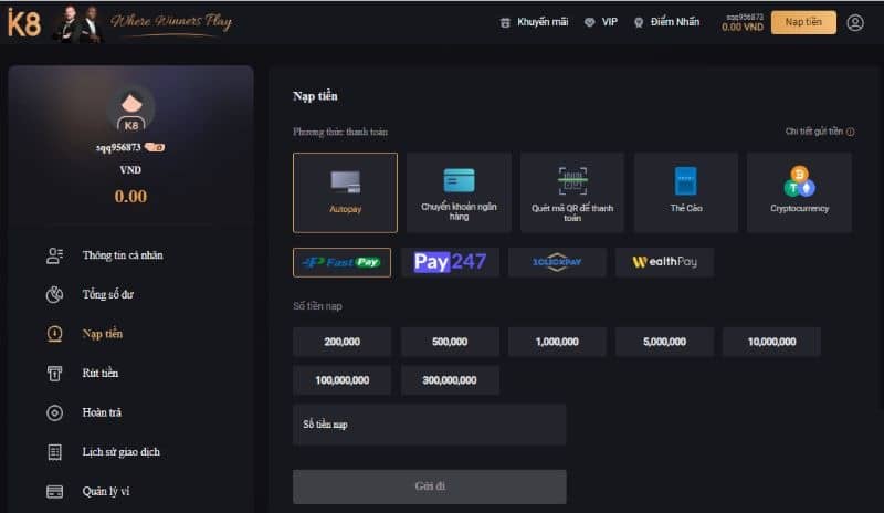 K8 - Hướng dẫn cách giải trí đổi thưởng cực cuốn tại sân chơi 7 Cách nạp tiền vào tài khoản K8 để tham gia chơi game