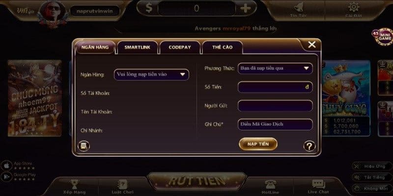 Vinwin - Địa chỉ giải trí trực tuyến đỉnh cao nhất năm 2023 5 Nạp tiền vào game nhanh chóng